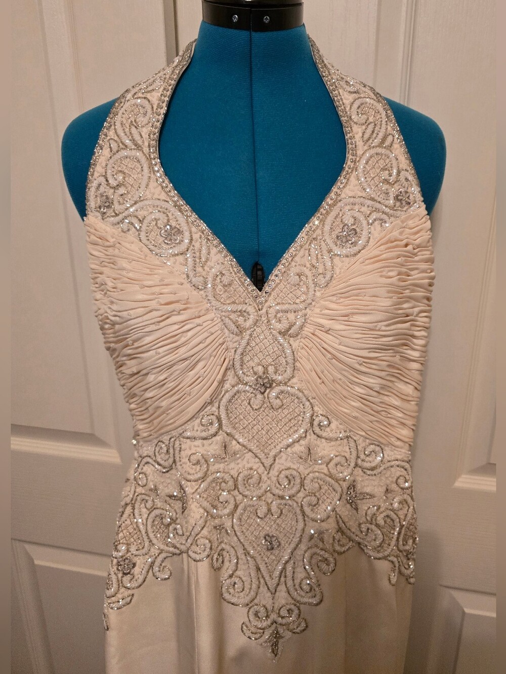 Claire's Collection Custom Ivory Beaded Halter Evening Gown, Pageant